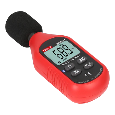 Medidor de som mini vermelho com ecrã digital e microfone com tampa preta