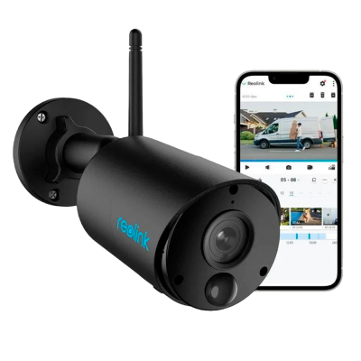 Câmara de segurança preta e telemóvel com app de vigilância