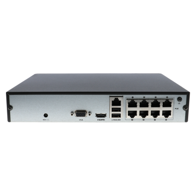 Dispositivo eletrónico cinzento com portas VGA, HDMI, LAN, USB e 8 portas Ethernet