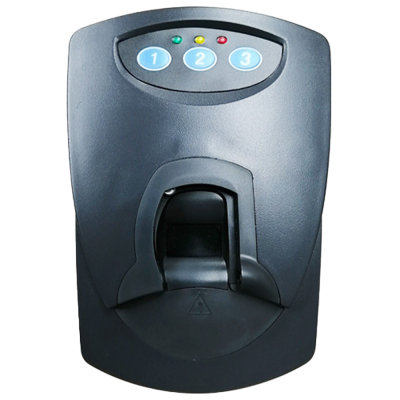 Leitor biométrico preto com botões numerados e luzes indicadoras