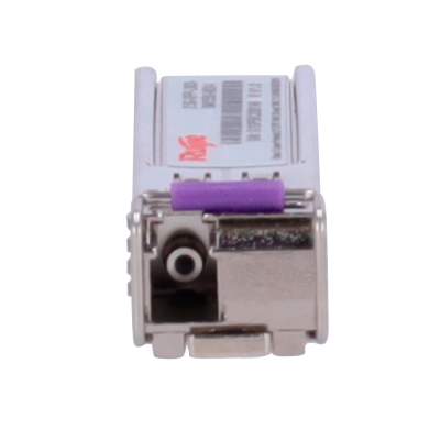 Módulo transceptor óptico prateado com botão roxo