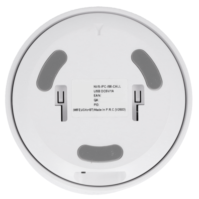 Base redonda branca com almofadas cinzentas e etiqueta com texto