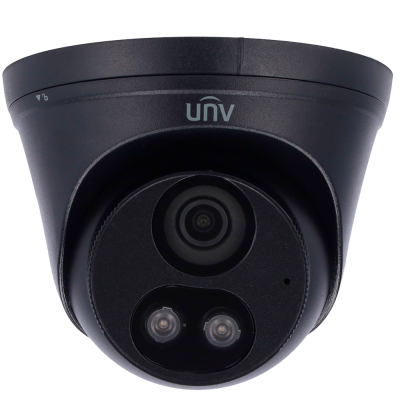 Câmara de segurança domo preta com LEDs e lente central, logótipo UNV