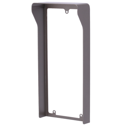 Estrutura metálica cinza angulada com recorte retangular e orifícios para fixação