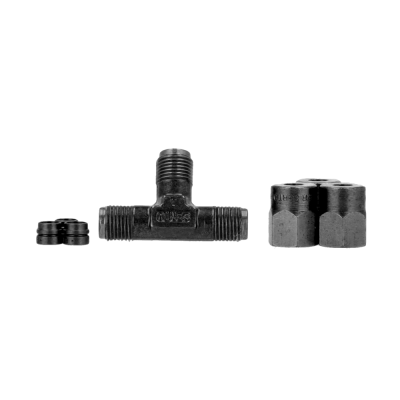 Peças metálicas pretas para conexão, incluindo adaptador em T, porca e anel de vedação