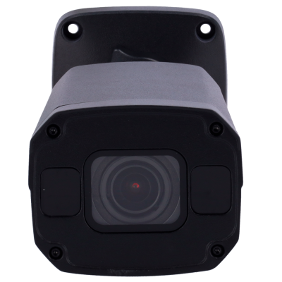 Câmara de vigilância preta com lente central e base de montagem.