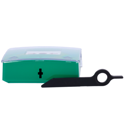 Caixa verde com tampa transparente e ferramenta preta ao lado