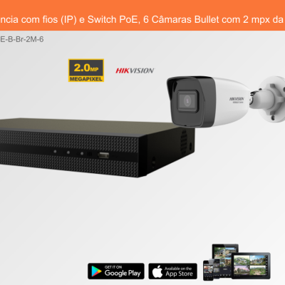 Sistema de videovigilância IP com switch PoE preto e câmara bullet branca da Hikvision