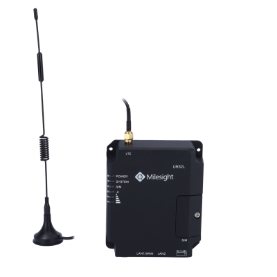 Dispositivo de rede sem fios preto Milesight UR32L com antena destacável e indicadores LED.