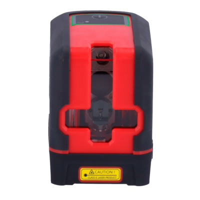 Dispositivo laser preto e vermelho com etiqueta de aviso amarela