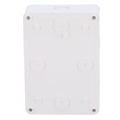 Caixa plástica branca retangular com furos e números em relevo