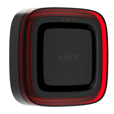 Dispositivo eletrônico preto quadrado com borda vermelha e LEDs coloridos