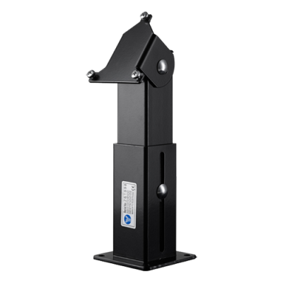 Suporte metálico preto com base quadrada e etiqueta