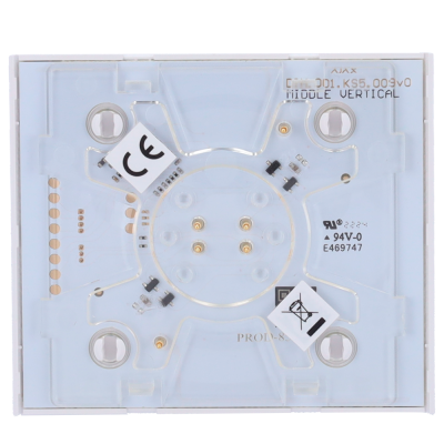 Placa eletrónica branca e transparente com componentes eletrónicos e texto impresso