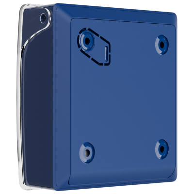 Caixa elétrica quadrada azul com orifícios para parafusos