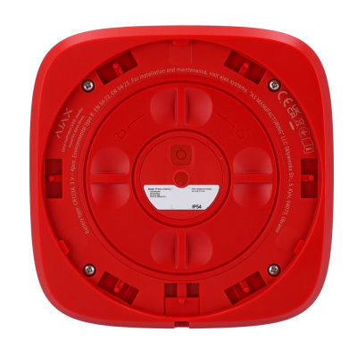 Base vermelha de dispositivo eletrónico quadrado com parafusos e texto técnico