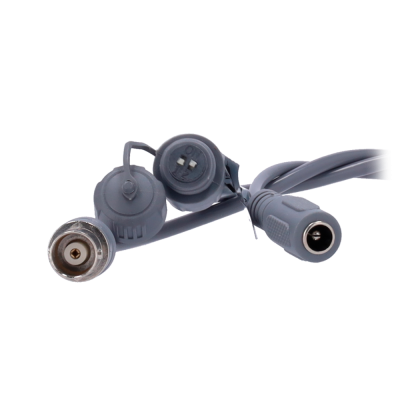 Cabo cinzento com conectores BNC, DC e conector com tampa de borracha