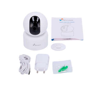 Câmara smart home NIVIAN com acessórios e manual