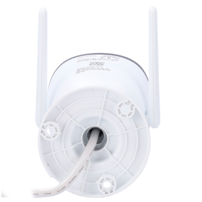 Câmara de videovigilância branca com duas antenas e cabos