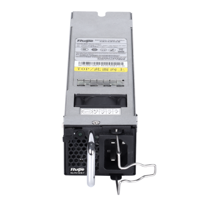 Fonte de alimentação Ruijie metálica com painel preto e etiquetas visíveis