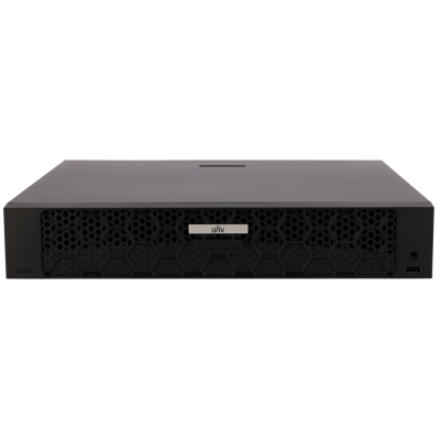 Dispositivo eletrônico preto retangular com padrão em favo de mel e etiqueta univ