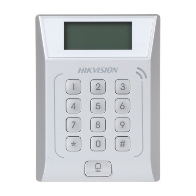 Teclado de controlo de acesso HIKVISION cinza com ecrã LCD e teclado numérico