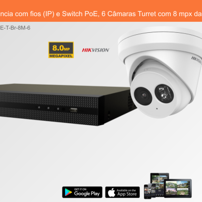 Sistema de videovigilância IP com 6 câmaras Turret e dispositivo preto num fundo branco