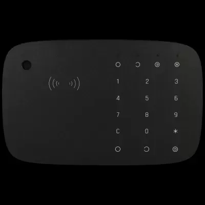 Interface preta com teclado numérico e símbolos brancos