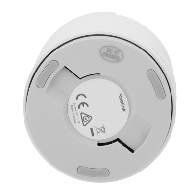 Base inferior de câmara de segurança branca Reolink com etiquetas e símbolos.