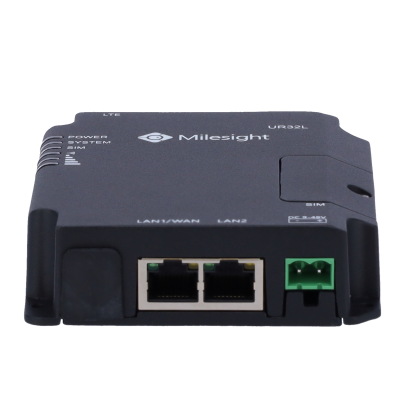 Dispositivo Milesight UR26L preto com portas LAN e entrada verde para alimentação