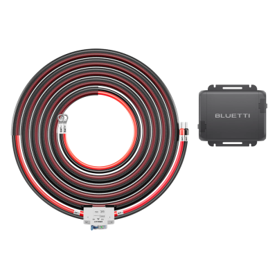 Cabo elétrico preto e vermelho com conectores e dispositivo BLUETTI