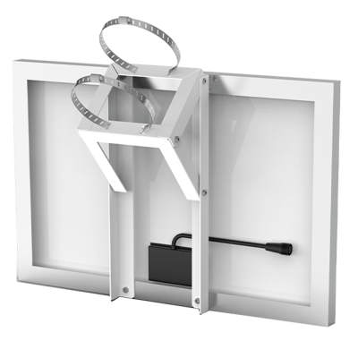 Painel solar branco com suporte metálico e cabos