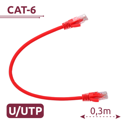 Cabo de rede vermelho CAT-6 com conectores RJ45 e texto U/UTP 0,3 m