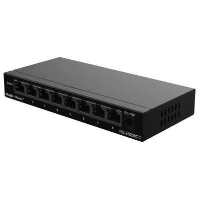 Switch de rede preto com oito portas Ethernet numeradas e etiquetas visíveis