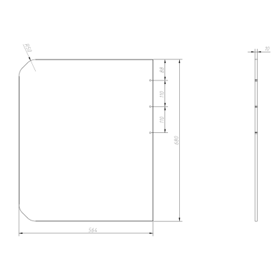 Desenho técnico de uma placa retangular com furos e cantos arredondados.