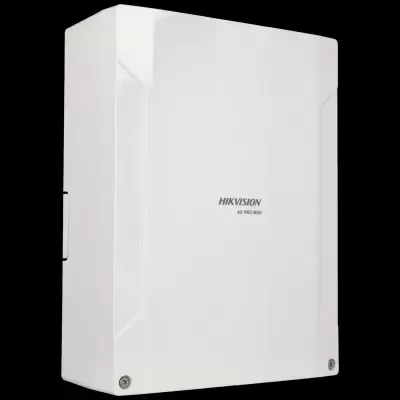 Caixa elétrica branca com escrito HIKVISION AX PRO M2H