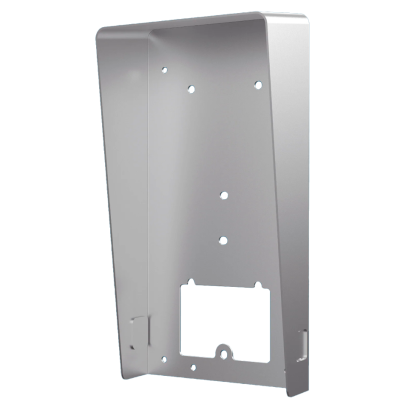 Suporte metálico cinza claro com orifícios e corte retangular