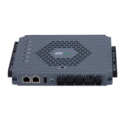 Dispositivo eletrónico ZKTECO cinzento com portas Ethernet e USB