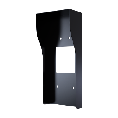 Caixa de metal preta com recorte retangular central e furos para fixação