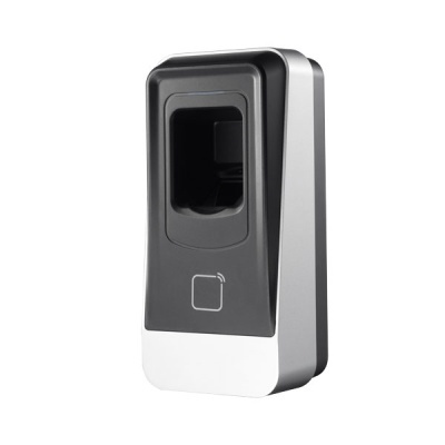 Leitor biométrico cinzento e preto com ícone branco e fundo branco