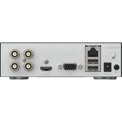 Parte traseira de equipamento eletrónico com várias portas e conectores em fundo branco