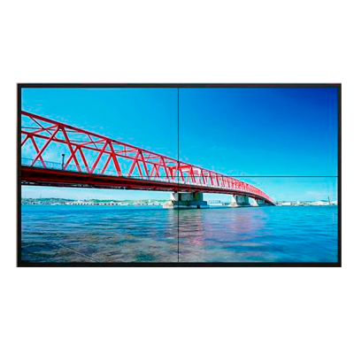 Video wall com imagem de ponte vermelha sobre água azul