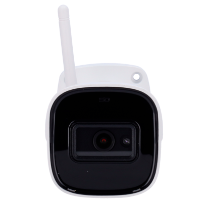 Câmara de segurança branca com lente preta e antena