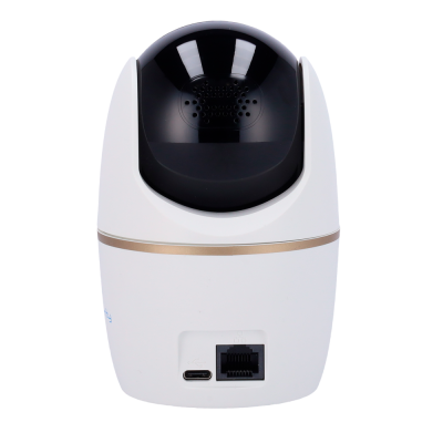 Câmara de vigilância branca com topo preto e portas USB e RJ45