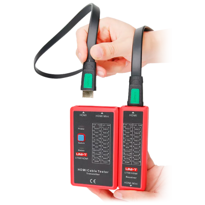 Tester de cabo HDMI da marca UNI-T modelo UT681HDMI em plástico vermelho e preto