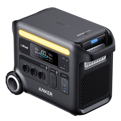 Gerador portátil Anker GaNPrime preto com painel digital e várias portas