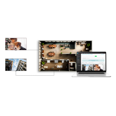 Planta digital de escritório com fotos e aplicação web em portátil