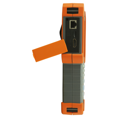 Dispositivo eletrónico com portas Ethernet e HDMI e capa protetora laranja e cinza