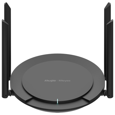 Router Wi-Fi preto com três antenas e luz azul indicadora