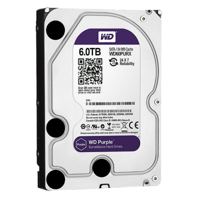 Disco rígido WD Purple de 6.0TB para vigilância com etiqueta roxa e branca